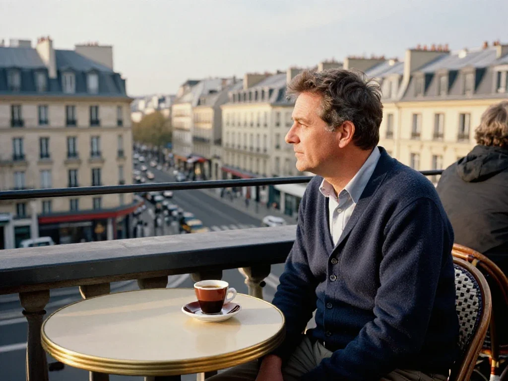 Un homme observe la ville depuis une terrasse, symbolisant une vision large et analytique.